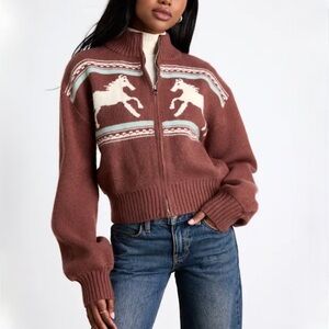 Lulus Duchess Brown Horse Print Zip-Front Sweater size XS NWT